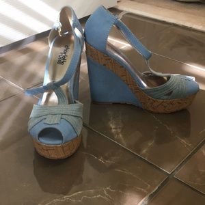 Adorable blue and denim peep toe wedges